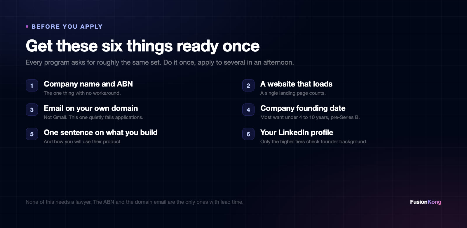 Application checklist - ABN, website, company email, founding date, product description, LinkedIn
