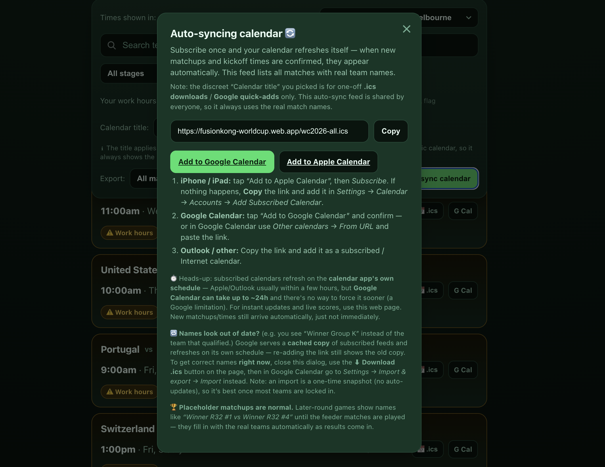 Calendar export options including one-tap add and a discreet event title picker
