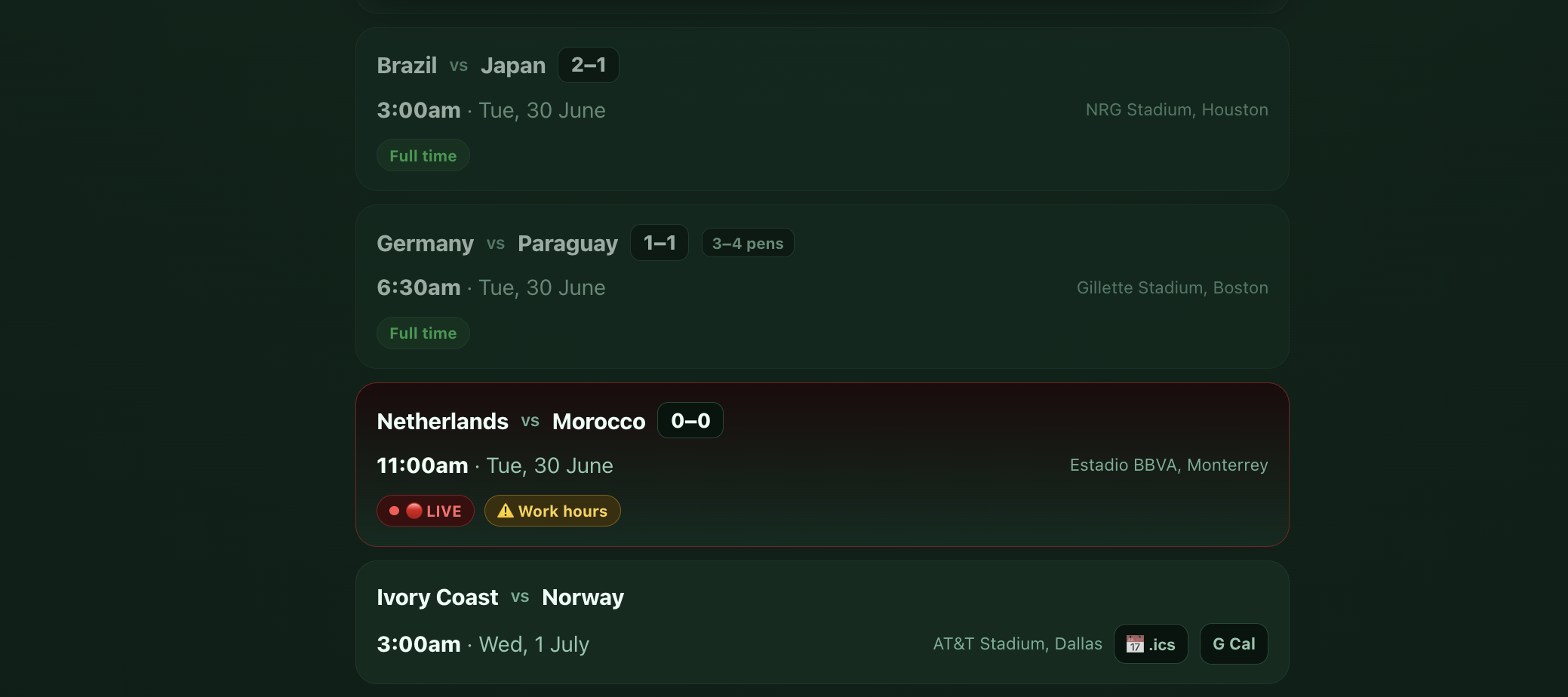 A finished World Cup match showing the final score and penalty shootout result, alongside a live match