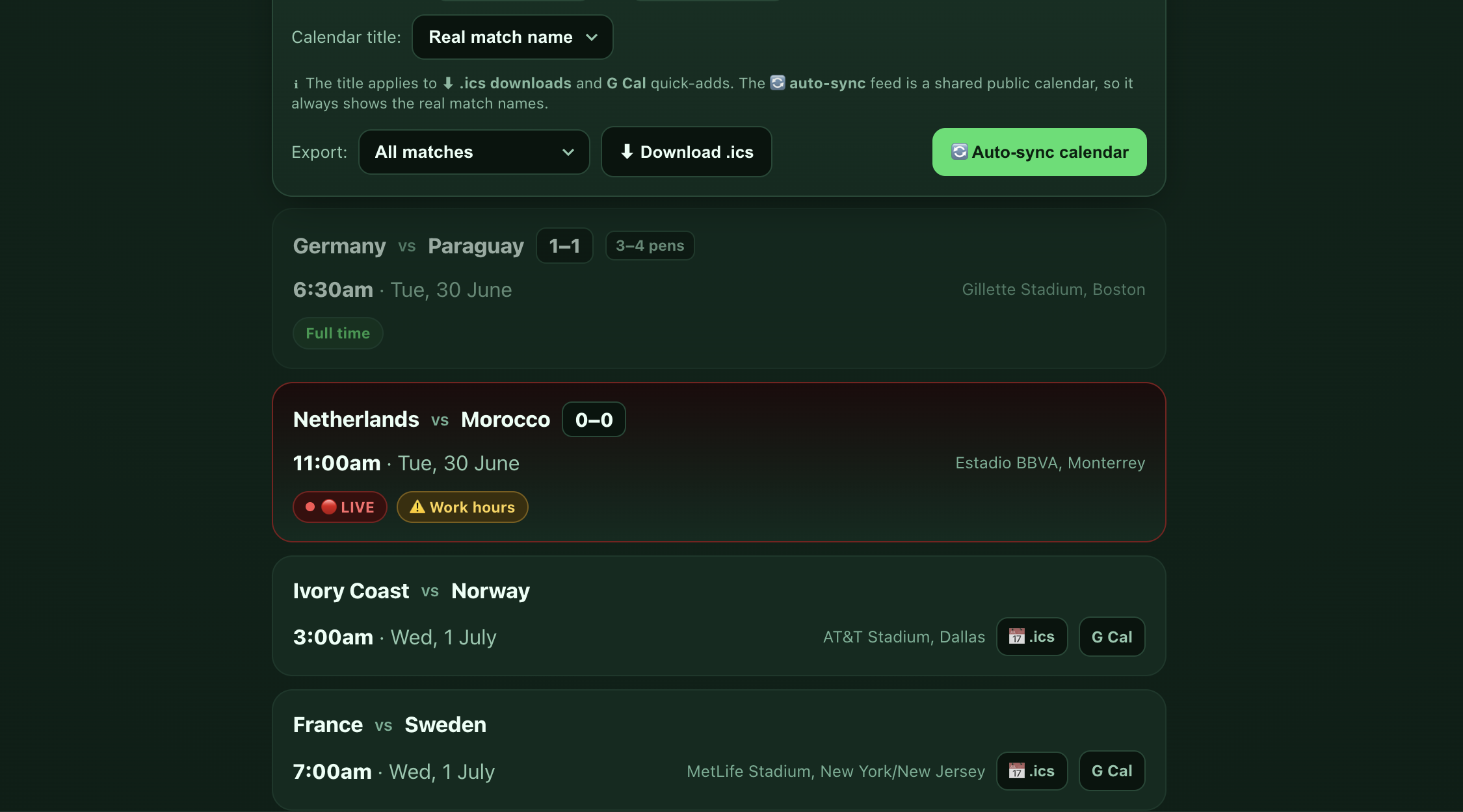 World Cup 2026 planner showing the knockout fixture list in local Melbourne time with work-hours warning flags