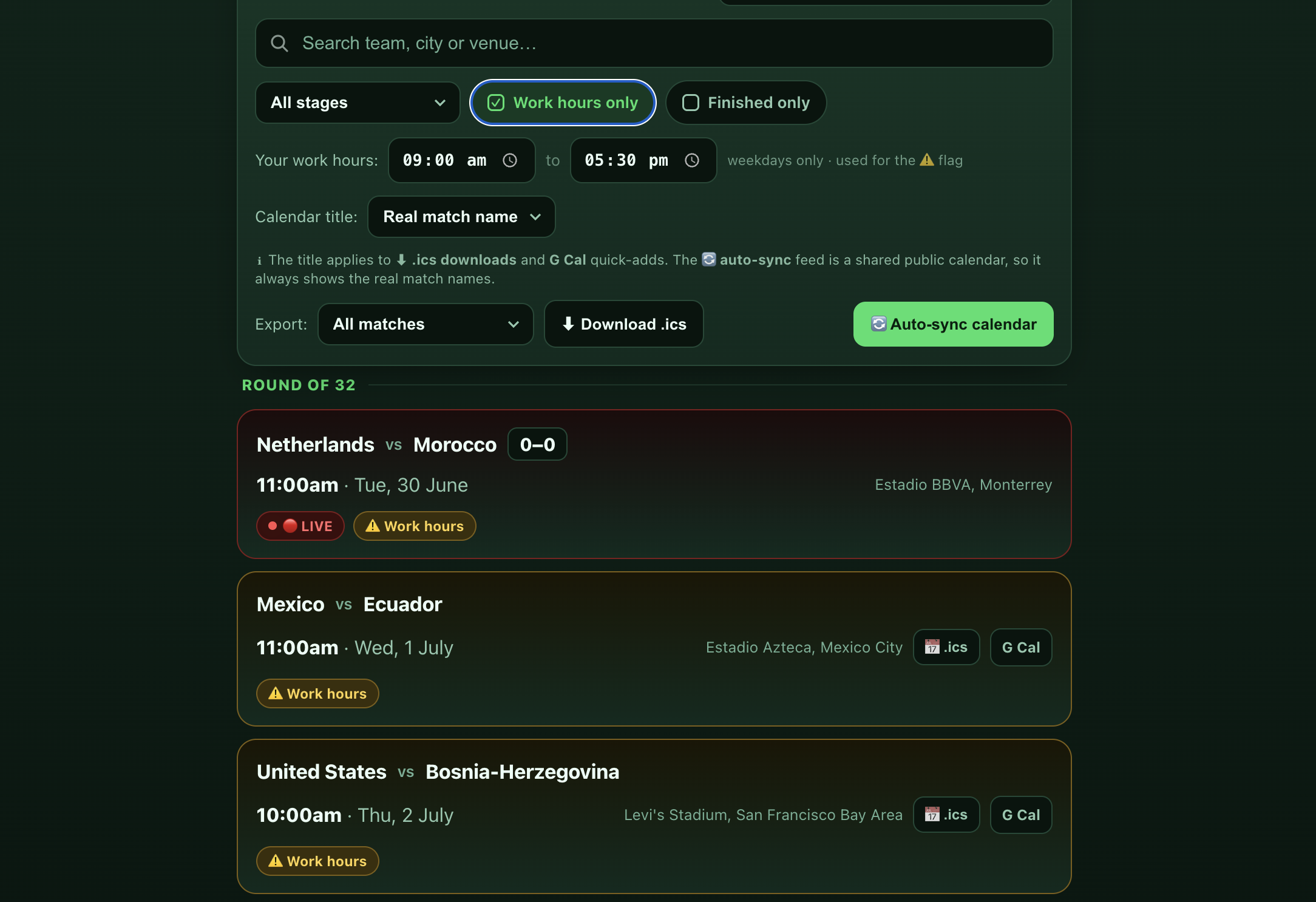 Configurable work-hours fields with a World Cup match flagged as clashing with work time